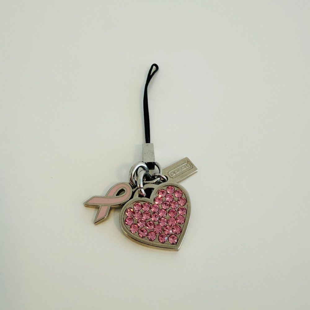 COACH Pink Ribbon Breast Cancer HEART Cell Phone Bag Charm Pave Crystal